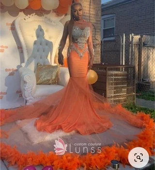 Оранжевые афроамериканские платья для выпускного вечера с длинными рукавами 