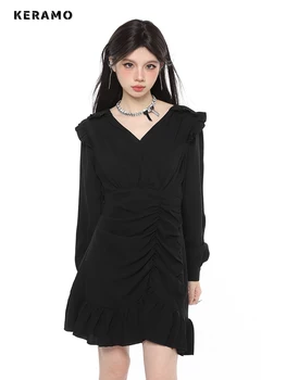 Осенне-зимние винтажные платья Миди High Street с длинным рукавом, женские Повседневные складки, V-образный вырез, черное платье трапециевидной формы Giothic, 2023 г.