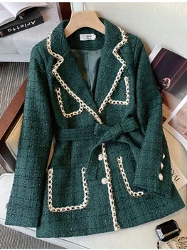 Осенне-зимние Французские Твидовые куртки с винтажным ароматом, офисные женские элегантные пальто в стиле ретро с V-образным вырезом и высоким темпераментом высокого качества