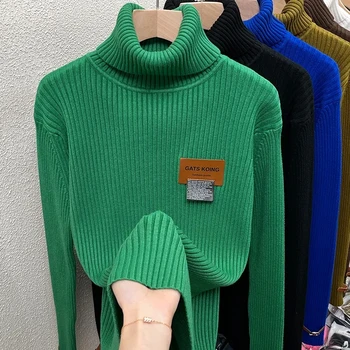 Осенне-зимний вязаный пуловер с высоким воротом, женский Корейский модный Тонкий Толстый теплый топ с длинным рукавом, повседневный уличный свитер