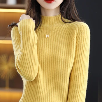 Осенне-зимний женский Новый вязаный свитер из 100% шерсти с полувысоким вырезом, однотонный пуловер в полоску, мягкая и пушистая блузка