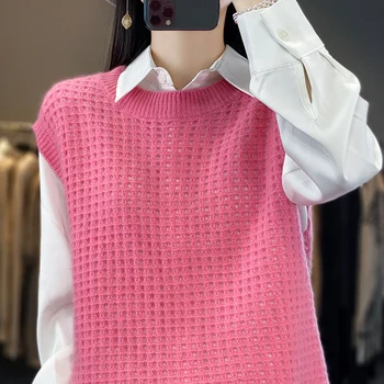 Осенне-зимний женский новый однотонный свитер с круглым вырезом, блузка из 100% чистой шерсти, Полый вязаный свитер, Модный мягкий жилет, пуловер