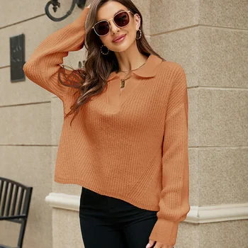 Осенне-зимний свитер с воротником, женский повседневный свободный пуловер в ленивом стиле, нижняя трикотажная рубашка, маленький Топ2023