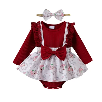 Осенне-рождественская одежда для новорожденных девочек, боди с длинными рукавами и бантом в рубчик, повязка на голову, комплект рождественской одежды