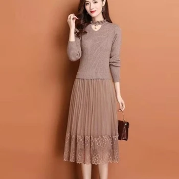 Осеннее женское кружевное трикотажное платье с сетчатой строчкой, женское платье-свитер средней длины с тонкой талией, женское платье-свитер с принтом, Vestido G752