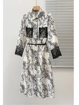 Осеннее платье, женское Ретро Элегантное модное Корейское платье высокого качества, кружевное платье в стиле пэчворк с отложным воротником, одежда 4XL