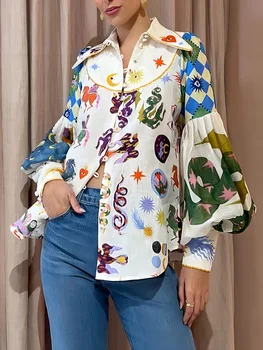 Осенний женский повседневный стиль с длинным рукавом, материал полиэстер, новая мода 2023 года, однобортная рубашка поло с рукавом-фонариком