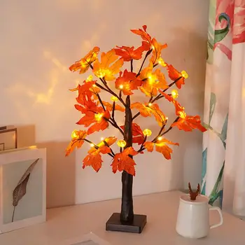 Осенняя лампа с кленовым листом, работающая на батарейках, осенняя лампа на кленовом дереве с регулируемой 24led подсветкой, праздничная тыква-клен на День Благодарения