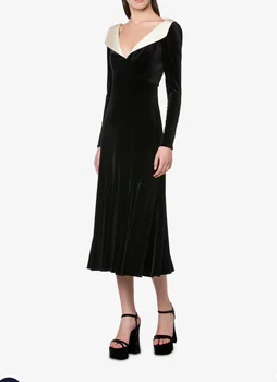 Осень/Зима 2023, новое бархатное платье макси трапециевидной формы с глубоким V-образным контрастом, элегантная женская длинная юбка-поло с талией.
