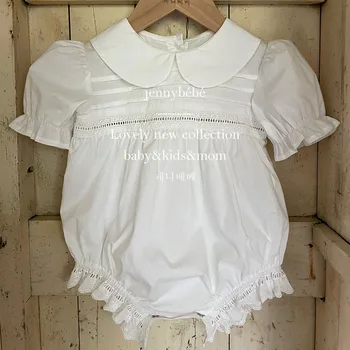 Очаровательный Белый кружевной комбинезон с вышивкой и воротником-лепестком для маленьких девочек, одежда для дня рождения, летнее боди с короткими рукавами для младенцев