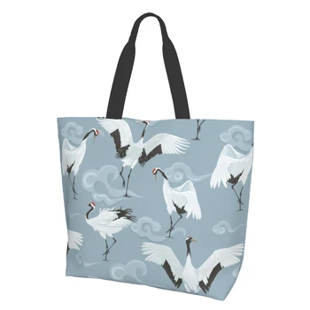 Очень большая продуктовая сумка Crane And Cloud Bird Blue, многоразовая сумка-тоут для покупок, сумка для хранения в путешествиях, легкая сумка через плечо