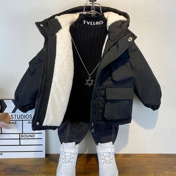 Пальто для мальчиков, куртка, хлопчатобумажная верхняя одежда, ветрозащита, популярная зимняя теплая одежда для подростков из плотного бархата 2023 года, детская одежда для подростков