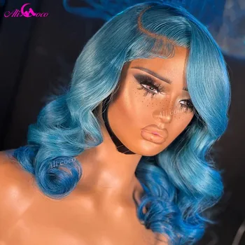 Парик-боб Небесно-голубого цвета 13x4, кружевные фронтальные парики из человеческих волос, Прозрачные кружевные фронтальные парики, объемная волна с волосами младенца, парики для женщин