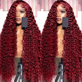 парик из человеческих волос с глубокой волной 13x4, прозрачный, 99J, бордовый, полностью Кружевные парики Спереди, парики из человеческих волос красного цвета, HD, вьющиеся парики из человеческих волос