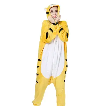 Пижамы с желтым тигром для взрослых женщин и мужчин, ночная рубашка, милые пижамы на Хэллоуин, повседневный утепленный комбинезон Кигуруми, одежда для отдыха
