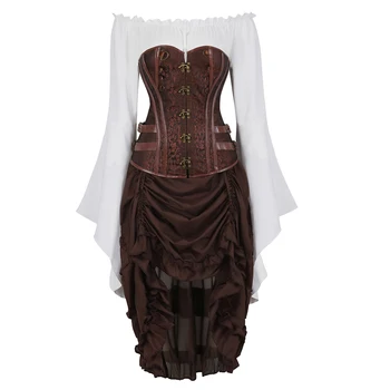 Пиратские корсеты, платье-бюстье, юбка и блузка, корсет из жаккарда и искусственной кожи в стиле стимпанк, карнавальный костюм для танцевальной вечеринки из 3 предметов