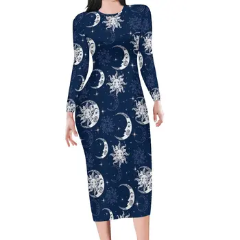 Платье Sun Moon с длинным рукавом, уличные платья с ретро-принтом, осеннее элегантное облегающее платье, женский дизайн, большой размер, Vestidos