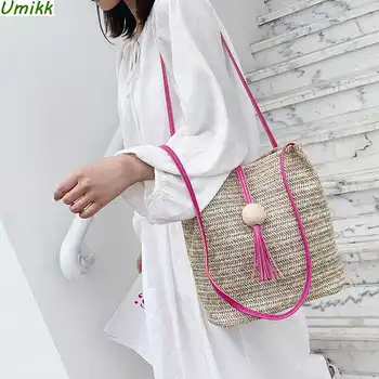Плетеная соломенная сумка большой емкости с деревянными бусинами, композитная сумка через плечо, летняя сумка для отдыха, женская роскошная дизайнерская сумочка