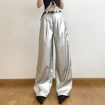 Повседневные женские брюки свободного кроя серебристого цвета с высокой талией в стиле Hot Girl, облегающие и универсальные брюки в стиле хип-хоп с широким ворсом и длинными ногами