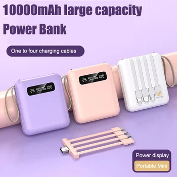 портативный мини-банк питания емкостью 10000 мАч с 4 кабелями быстрой зарядки 2.1А, зарядное устройство для мобильного телефона, цифровой дисплей, внешнее зарядное устройство для аккумулятора