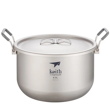 Посуда для кемпинга Keith, Титановая кастрюля, 6 л, Бактериостатический набор для приготовления пищи, кастрюля для супа для пикника, пеших прогулок, охоты