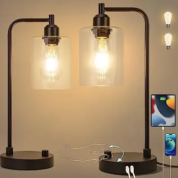 Прикроватная настольная лампа, набор из 2 ламп с регулируемой яркостью в 3 положения для спальни, современная USB-прикроватная лампа со стеклянным абажуром, настольные лампы для чтения для