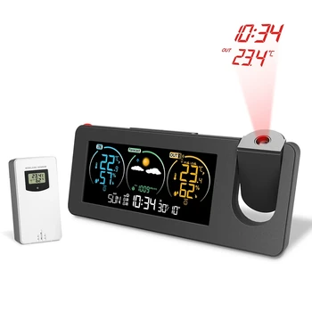 Проекционные часы метеостанции, термометр, беспроводной датчик температуры в помещении и на улице, измеритель влажности, Цифровой будильник, Календарь