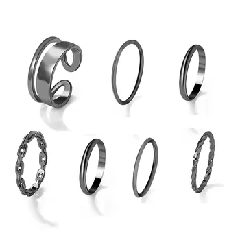 Простой набор комбинированных колец Геометрическое кольцо для укладки Креативное металлическое кольцо Ювелирные изделия из сплава для женщин Модное черное женское кольцо