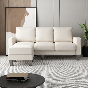 Простота и современная мебель для гостиной Диван L-образной формы с оттоманкой из бежевой ткани, подходящий для жилых комнат, квартир