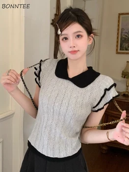 Пуловеры Женские однотонные выдалбливают Особый Сладкий французский стиль, Очаровательные мягкие студенческие универсальные весенние Элегантные винтажные вставки