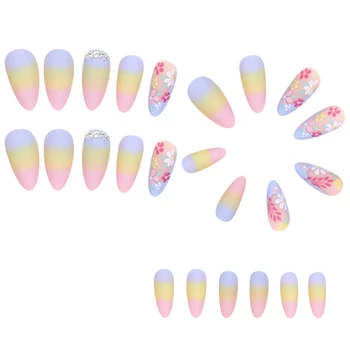 Радужные Цветы Французский Лак Пригодные Для Носки Ногти Полное Покрытие Кончиков Ногтей Готовые Накладные Ногти