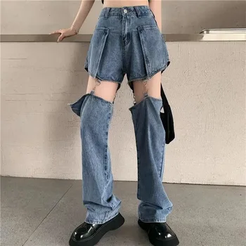Рваные джинсы с вырезами Женские с высокой талией Корейские модные широкие брюки Шорты Harajuku Съемные прямые брюки Уличная одежда