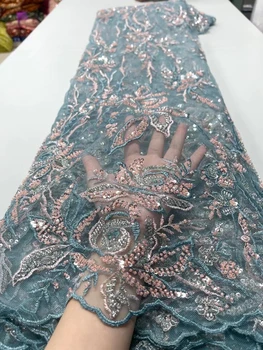 Роскошные Африканские ткани 2023, Тяжелое Голубое кружевное платье с вышивкой пайетками, расшитое бисером, Свадебное платье в Нигерийском стиле для женщин, сетчатая ткань 5 ярдов