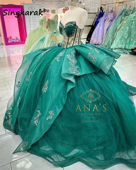 Роскошные изумрудно-зеленые пышные платья 2023 Бальное платье с аппликацией в виде сердца, Хрустальные блестки, Сладкие 16 платьев на шнуровке на день рождения
