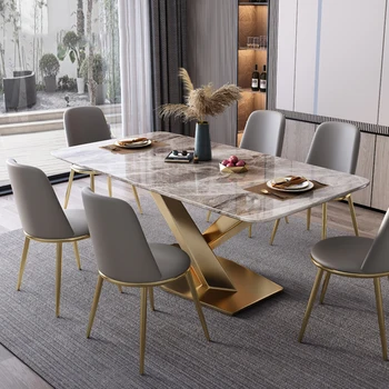 Роскошный Обеденный стол из глянцевого мрамора в скандинавском стиле на 6 персон, Креативный Кухонный стол для большой и маленькой семьи из нержавеющей стали