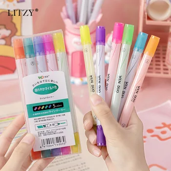 Ручка-хайлайтер с двойной головкой, 5 цветных ручек для рисования граффити, художественные ручки для школьных канцелярских принадлежностей, японские канцелярские принадлежности