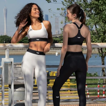 С логотипом, комплект для йоги, женская бесшовная одежда для тренировок в спортзале из 2 предметов, нейлоновые спортивные леггинсы, Высокопрочный противоударный бюстгальтер для бега на открытом воздухе