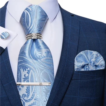 Светло-голубые Шелковые галстуки с узором Пейсли для мужчин, аксессуары для жениха на свадьбе, Набор галстуков с кольцом для галстука, Серебряная заколка Gravata Masculina
