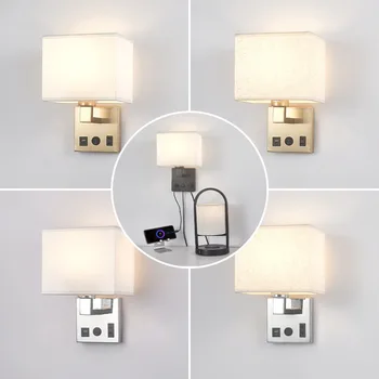 Светодиодный тканевый настенный светильник с переключателем и вилкой USB TYPE-C EU / US, прикроватная лампа для чтения в отеле, домашний светильник для комнаты, настенный светильник для спальни