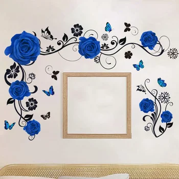 Синие цветы, наклейка на стену из ротанга, фон для телевизора, наклейки для гостиной, спальни, наклейки для домашнего декора с бабочкой, красная роза