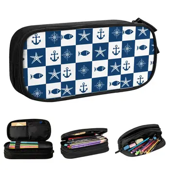 Синий пенал с якорями в морском стиле, чехол для карандашей, коробка для ручек для девочек и мальчиков, сумка большой емкости, школьные принадлежности, канцелярские принадлежности на молнии
