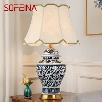 Современная керамическая настольная лампа SOFEINA из китайского сине-белого фарфора со светодиодной подсветкой для дома, гостиной, спальни
