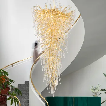 Современная хрустальная люстра для лестницы, Длинный подвесной светильник для виллы, Большой домашний декор, Золотая светодиодная лампа Cristal из нержавеющей стали
