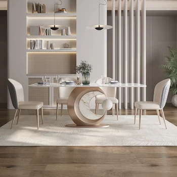 Сочетание обеденного стола и стула из светлого роскошного камня, современный простой прямоугольный обеденный стол, дизайнерский креативный обеденный стол из мрамора