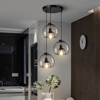 Стеклянная светодиодная потолочная люстра E27, черная подвесная лампа для гостиной, обеденного стола, кухни, спальни, современный серый арт-подвесной светильник