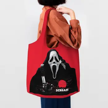 Сумки-тоут с принтом Kawaii Scream Ghost Killer для покупок, многоразовые холщовые сумки для покупок, сумка для фильмов ужасов на Хэллоуин