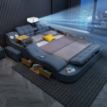 Технологичная умная кровать из натуральной кожи, многофункциональные кровати с массажной обивкой и подсветкой с Bluetooth, динамиком, проектором