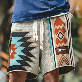 Трикотажные шорты с геометрической вышивкой контрастного цвета в стиле ретро, мужские летние Красивые брюки в пляжном стиле с пятью указателями, мужская одежда