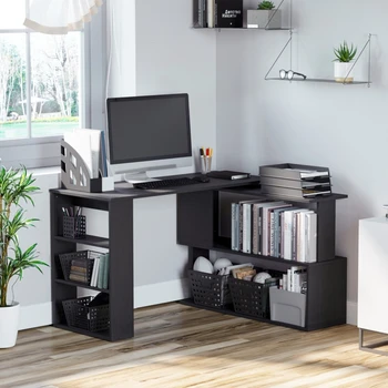 Угловой стол L-образной формы, вращающийся на 360 градусов Дизайн, домашний офисный стол с полками для хранения, рабочий стол для письменного стола, прочный, прочный