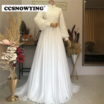 Шифоновые аппликации, мусульманское свадебное платье для невесты с длинным рукавом и высоким вырезом, Арабский Дубай, Исламский Хиджаб, Свадебное платье невесты